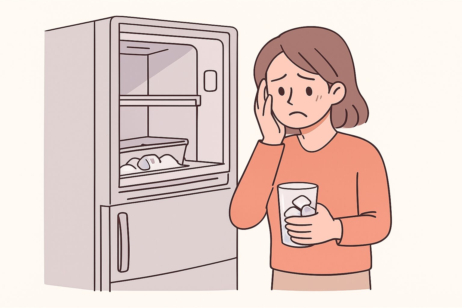 氷ができず困り顔の人（冷蔵庫の前で製氷トラブルに悩む）