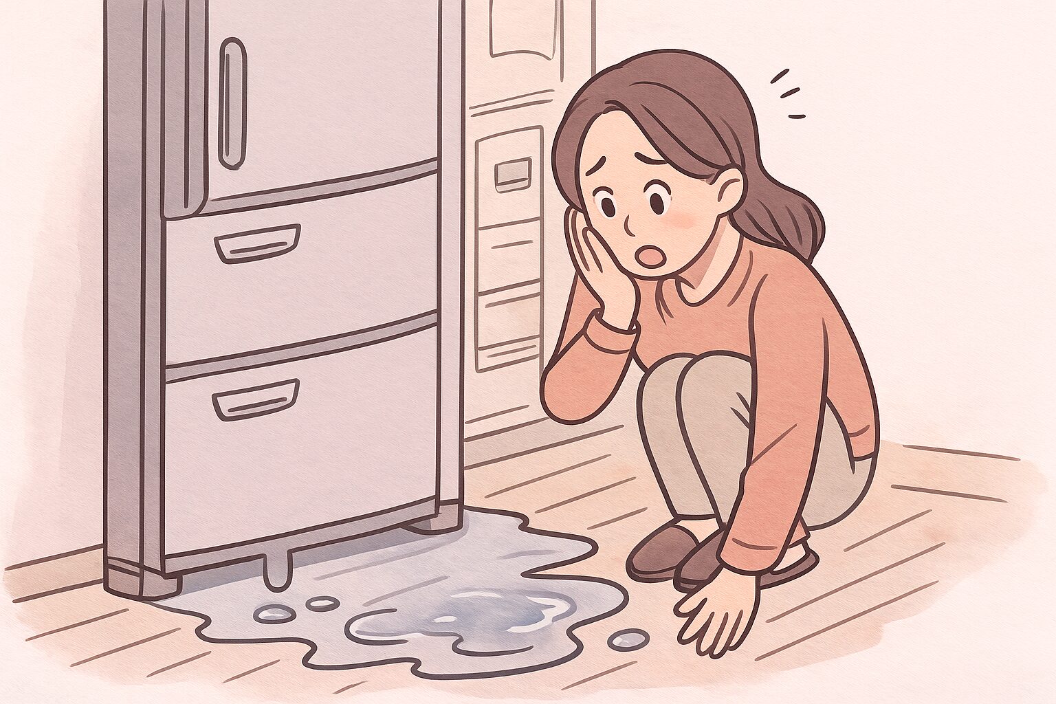 冷蔵庫の下に広がる水たまりを見つけ、不安そうにのぞき込む人のイラスト（発見の驚きと困惑）