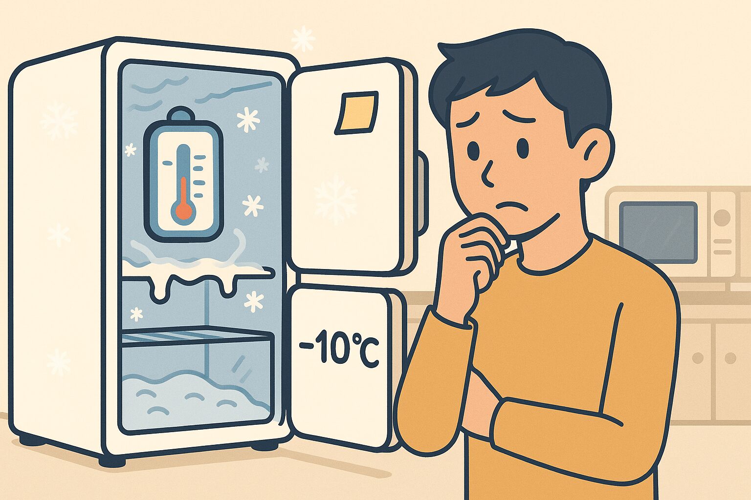 冷凍庫が冷えなくて困っている人と温度計（−18℃目安）を示すアイキャッチイラスト