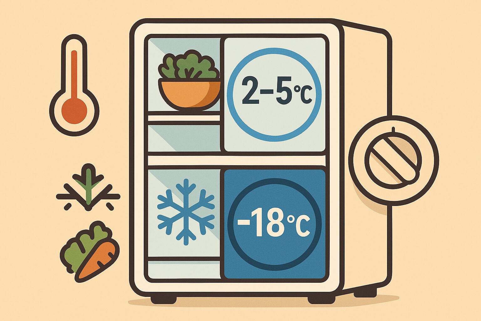 冷蔵は2〜5℃、冷凍は−18℃以下の最適温度を示す冷蔵庫のイラスト（温度ダイヤルと温度バッジ付き）