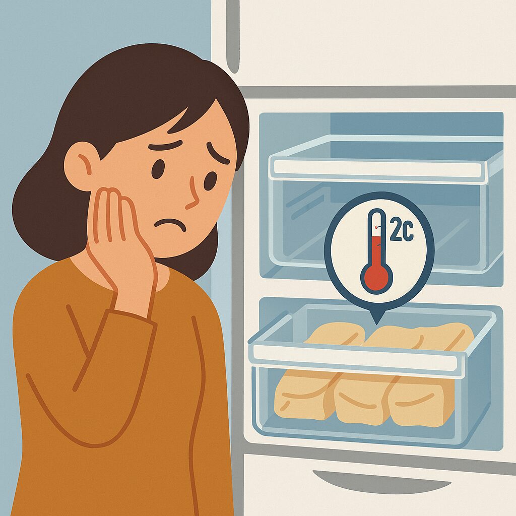 冷蔵庫のチルド室が冷えず温度計を確認して困っている人のイラスト
