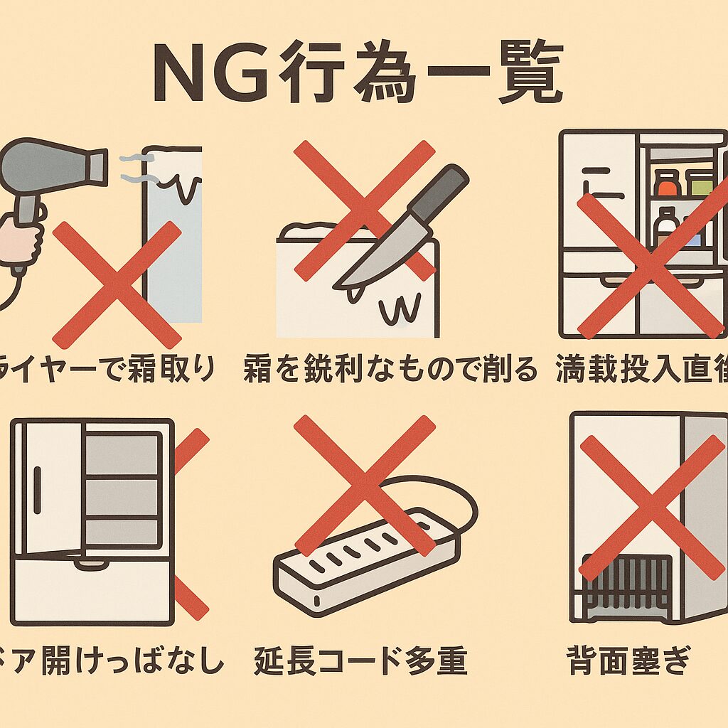 NG行為アイコン集:即通電・満載・通風阻害・延長タップ・ドライヤー解氷・放熱不足