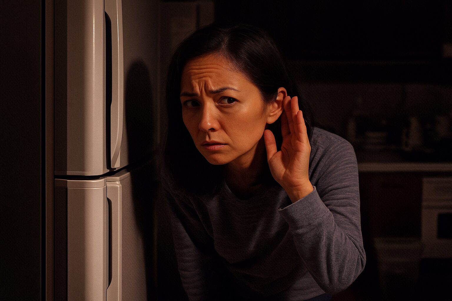 夜中の「ブーン/カタカタ」に悩む人が、冷蔵庫の前で不安そうに耳を澄ます様子
