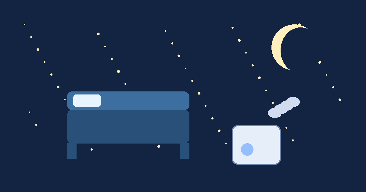 就寝時の加湿：ベッドと加湿器・夜空のイメージ