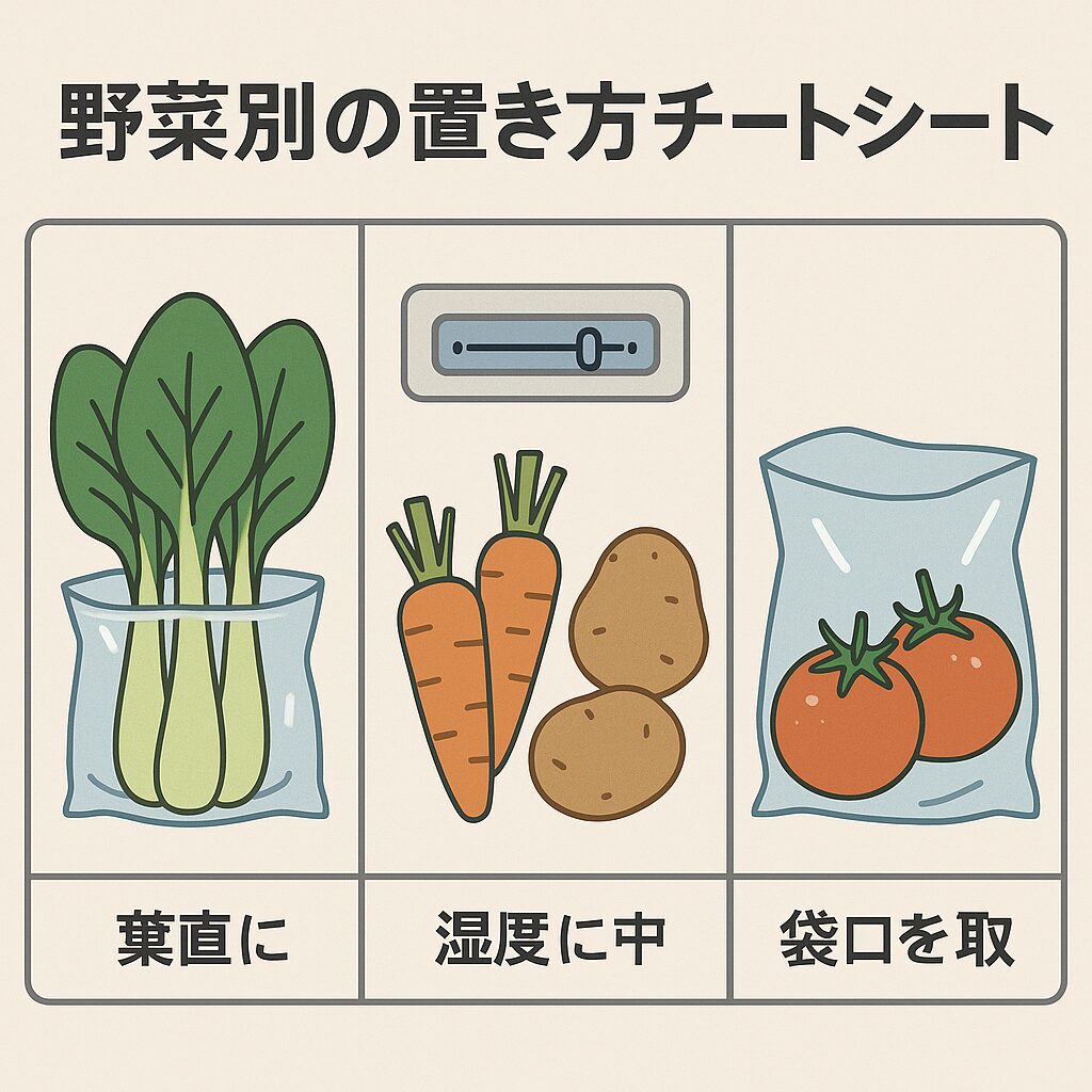 野菜別の置き方チートシート:葉物は立てる・根菜は湿度に注意・袋は軽く開ける
