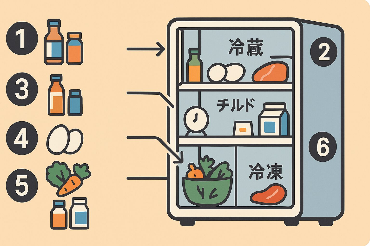 冷蔵庫内の各ゾーンに番号だけを示した配置図。詳しくは直下の表を参照