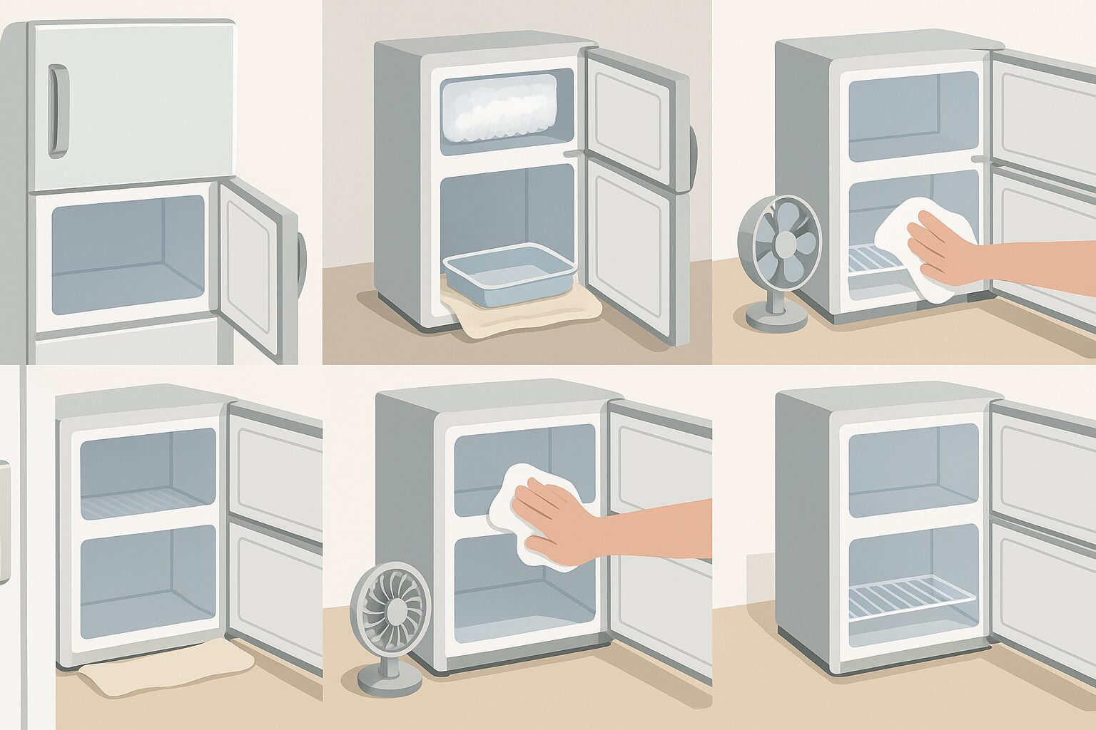 冷凍庫の霜取りフロー:停止→扉開放→受け皿→拭き上げ→乾燥→再起動