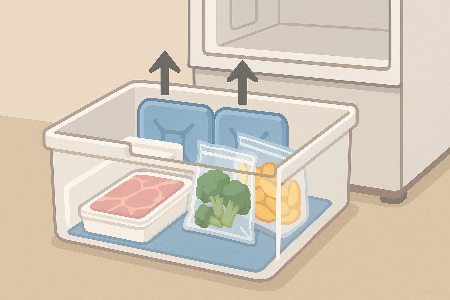 食品の一時保冷:発泡箱+保冷剤/床保護:防水シート+タオル