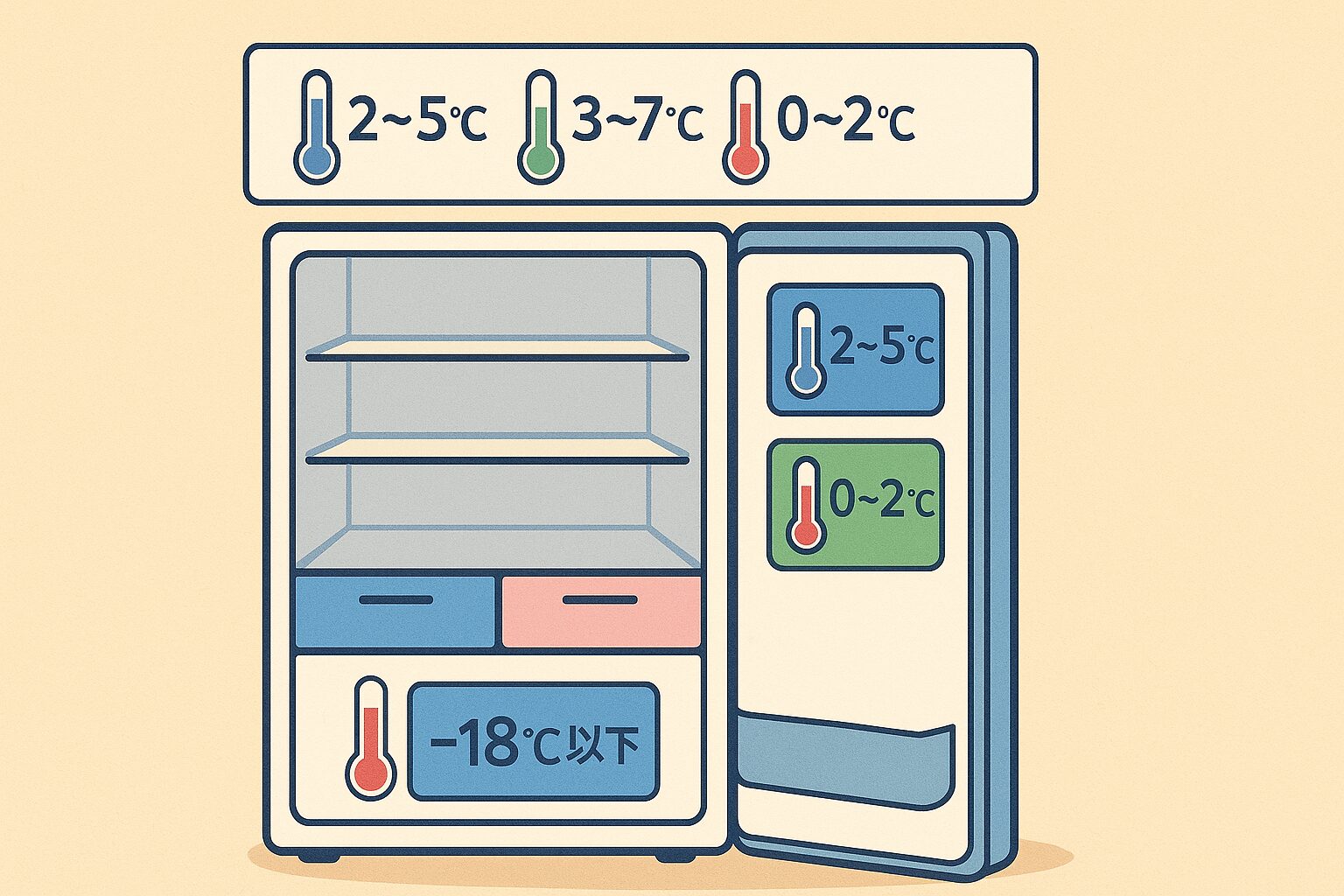 冷蔵庫の各区画の目安温度マップ(冷蔵2〜5℃、野菜室3〜7℃、チルド0〜2℃、パーシャル−3℃、冷凍−18℃以下)