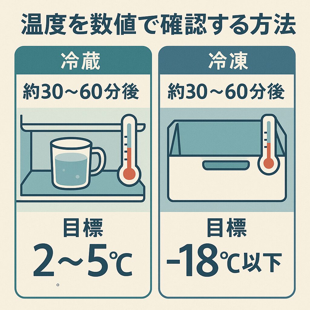 冷蔵は中段中央のコップ水+温度計、冷凍は引き出し中央の温度計で30〜60分後に数値確認する方法
