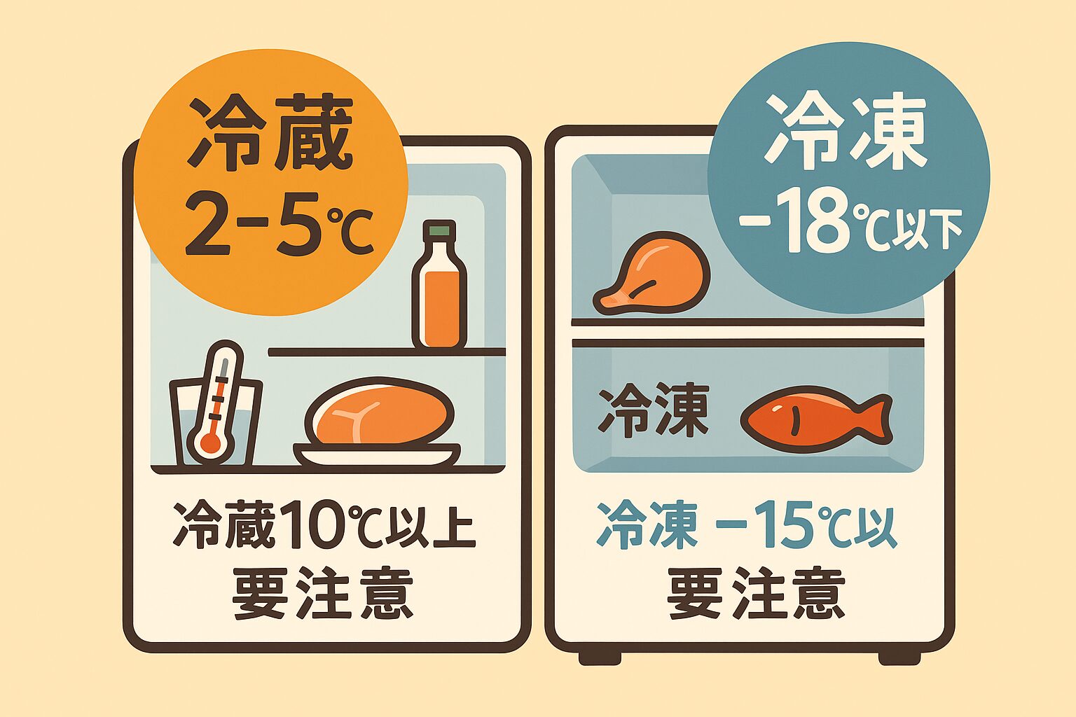 温度の目安と食品安全:冷蔵2〜5℃、冷凍−18℃以下(冷蔵は10℃超の継続NG、冷凍は−15℃超の継続要警戒)
