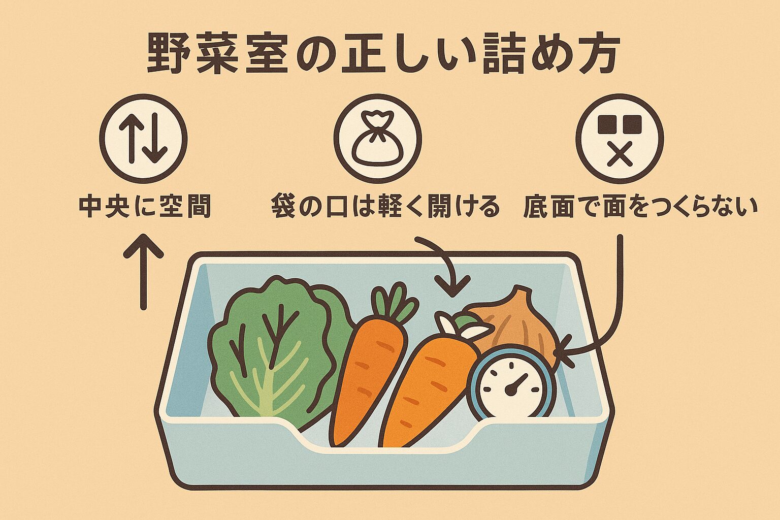 野菜室の正しい詰め方:中央に空間、袋の口は軽く開ける、底面で面を作らない