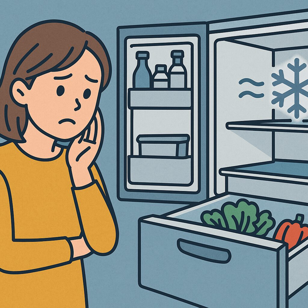 冷蔵庫の野菜室が冷えずに困っている人と、開いた野菜室のイラスト